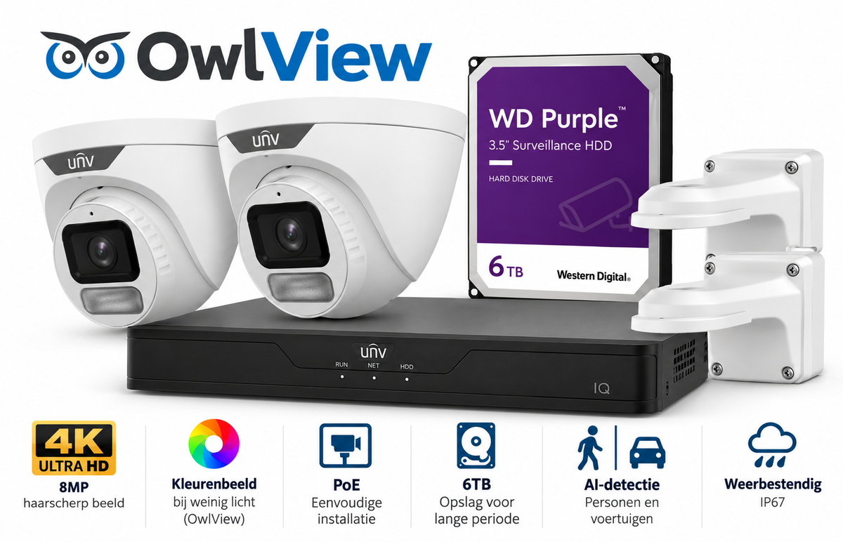 Starterkit met 2 camera's, 2 wandbeugels, NVR en WD Purple 6TB